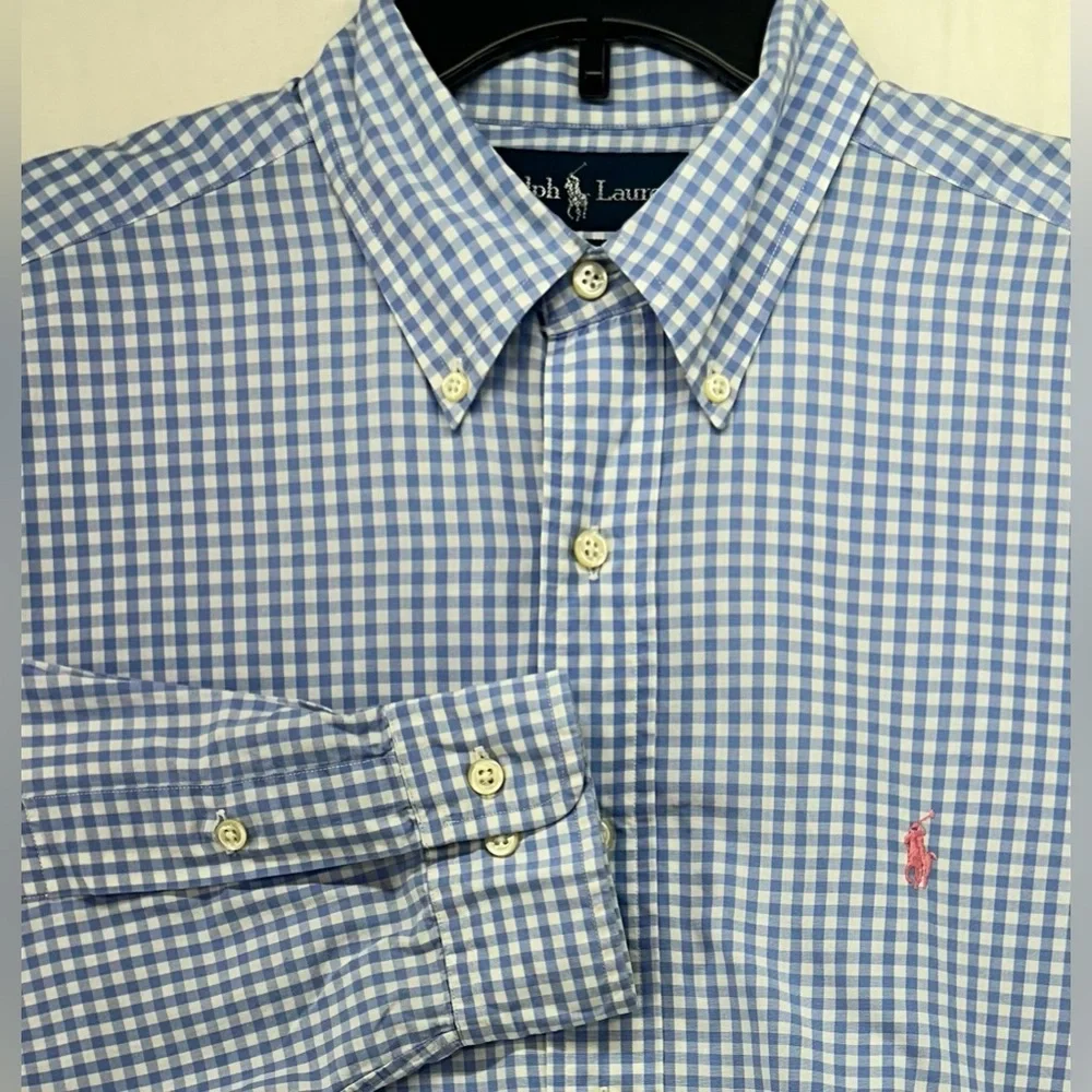 Polo Ralph Lauren Yarmouth Shirt Mens‎ 16 34/35 Blue Gingham Check Pink Pony